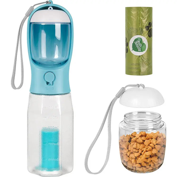 3in1 Pet Water Bottle for Cats-Portable 20oz Leak Proof Container with Poop Bag Dispenser for Travel Hiking Outdoor Use