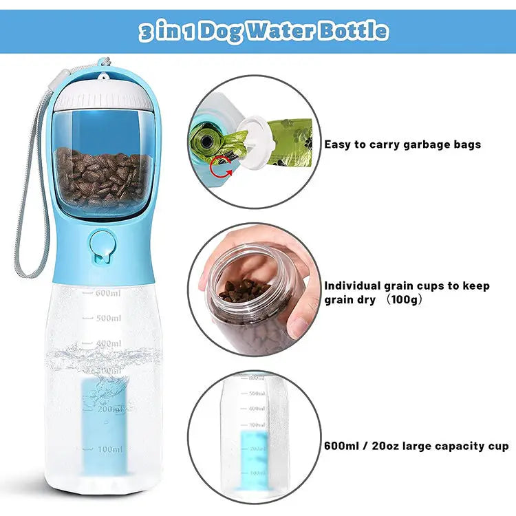 3in1 Pet Water Bottle for Cats-Portable 20oz Leak Proof Container with Poop Bag Dispenser for Travel Hiking Outdoor Use