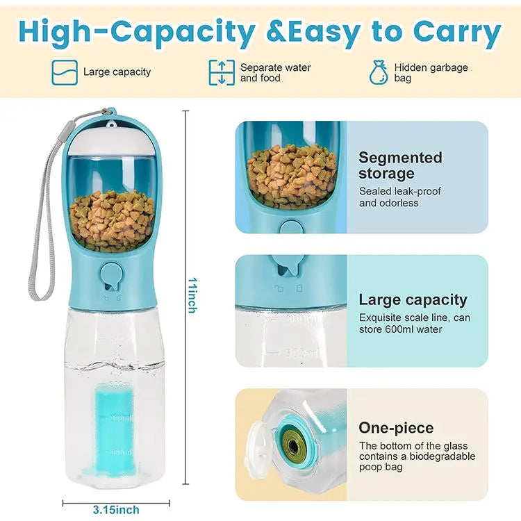3in1 Pet Water Bottle for Cats-Portable 20oz Leak Proof Container with Poop Bag Dispenser for Travel Hiking Outdoor Use
